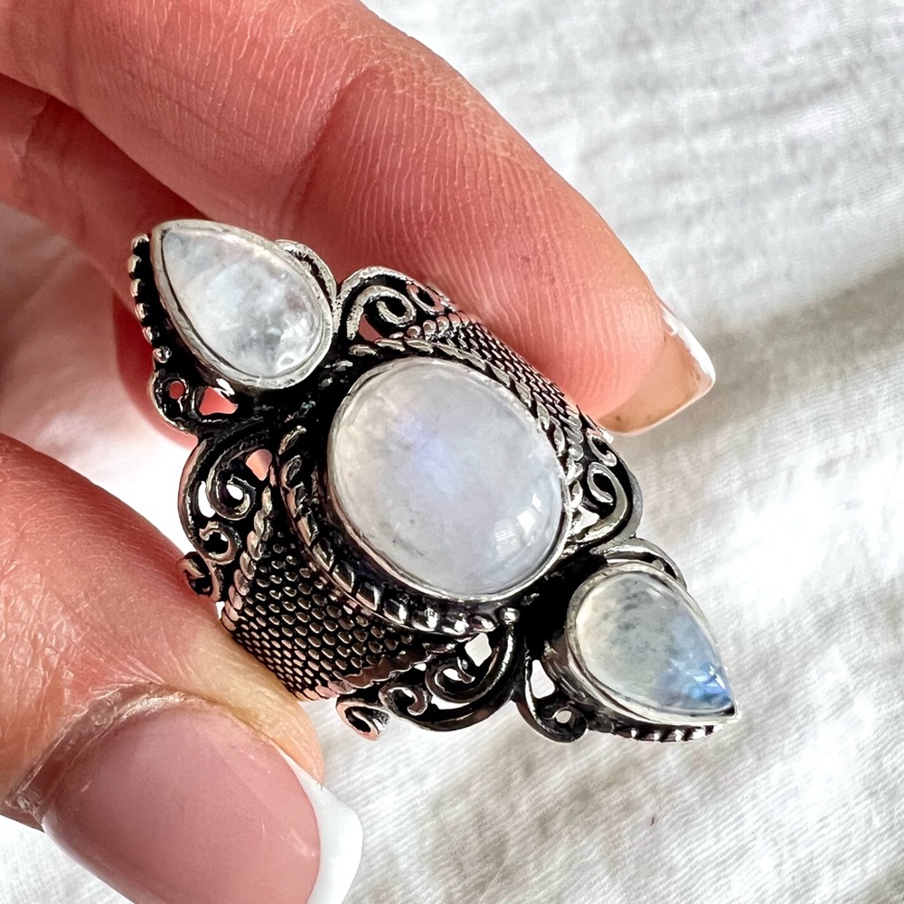 925 OMG! Gorgeous! Triple Rainbow Flash Moonstone Ring 6 7 8 9 10 - Picture 7 of 11